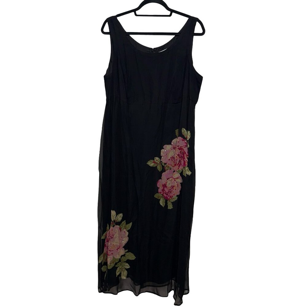 Robbie Bee VTG Sleeveless Maxi W/Pink Floral & Sequins 100% Silk Dress Sz 16W